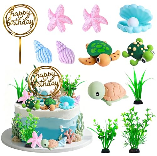 Tortendeko Meer 12 Stück 3D Meerestiere Torten Deko Schildkröte Seestern Muschel Algen Cake Topper Für Unterwasserwelt-, Strand- Und Maritime Geburtstagsdekorationen (A)