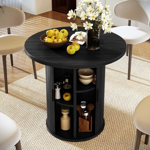 Hawthyhome Runder Esstisch 80cm mit Stauraum, Holz Esszimmertisch für 2-4 Personen, Moderner Küchentisch mit Schiebetür & Lamellen-Optik, Rundtisch für Wohnzimmer & Küche, [Schwarz]