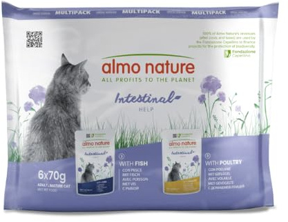 Almo Nature Functional - Intestinal Help - Wet Food for Adult Cats with Intestinal Sensitivity - with Fish and Poultry - Microbiota Support - 70g (Pack of 6)