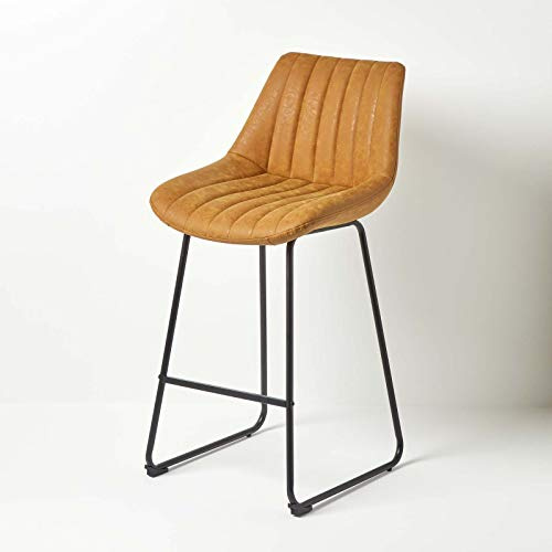Homescapes Barhocker Ascot – Retro Barstuhl Kunstleder Goldbraun, gepolstert & mit Lehne, Stabiler Thekenstuhl mit Fußstütze & Metallgestell, Höhe 97 cm, Sitzhöhe 66 cm