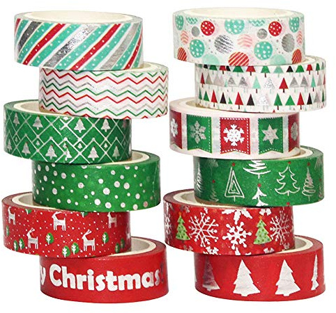 Washi Tape Set, 12 Rollen Weihnachten Dekorativer Klebstoff Washi Masking Tape Sticker im japanischen Stil für Kunst und Heimwerker, verschönern Bullet Journals, Planer, Scrapbooking