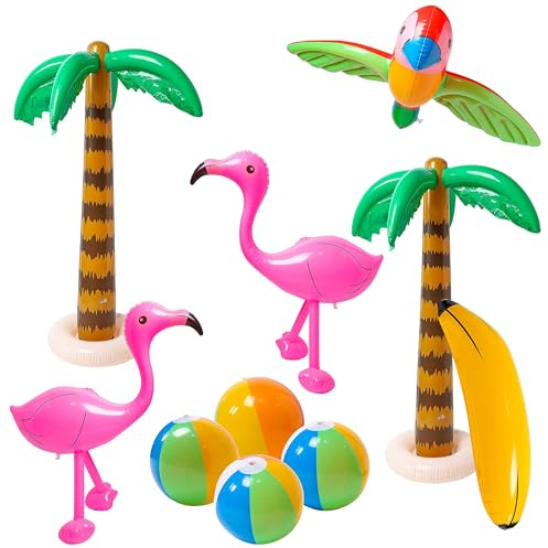R HORSE 10 Pcs Inflatable Palm Tree Flamingo Banana Beach Ball Parrot Beach Pool Toys for Tropical Hawaiian Luau Party Summer Pool Party Decorations