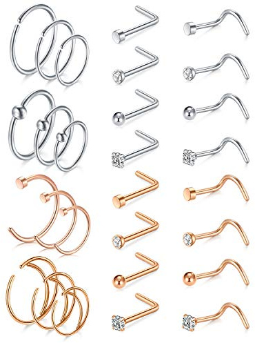 AceFun 20G Nasenringe Hoop L-förmige Chirurgenstahl Nasenstecker Rosegold 28 Stück Knorpel Helix Tragus Ohrringe Piercing Schmuck CZ C-förmiger Septum Ring