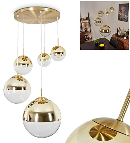 HOFSTEIN Hängeleuchte Degevos, Hängelampe aus Metall/Glas in Goldfarben/Klar, moderne Pendelleuchte im Retro/Vintage-Design, Höhe max. 142 cm, 5 x E27, Esszimmer, Küche, Wohnzimmer