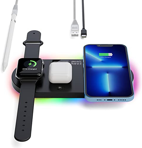 Minhouz - Cargador inalámbrico 4 en 1 con certificado Qi compatible con iPhone 12/11/Pro/Max/XS/XR/X/8/8 Plus, iWatch SE/S7/6/5/4/3/2, Airpods Pro/2, Samsung Galaxy Series