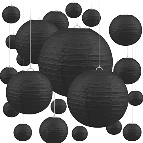 Jangostor 20 Stück Schwarze Papierlaternen - Runde Hängende Laternen in 15 cm, 20 cm, 25 cm, 30 cm Verschiedene Größen - Lampenschirm für Hochzeit, Geburtstag, Feiern, Garten