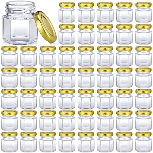 Nuogo Classic Elegant Hexagon 100 Pack 1.5oz Mini Glass Jars with Gold Lids for Honey, Jelly, Snacks, Candy, Cookies, Body Butter, Candles, Herbs, Spices, Party Favors, Wedding Favors - 2 H x 1.7 D