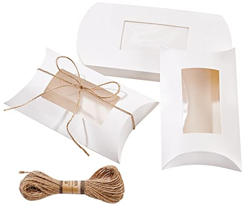 BENECREAT 20 Stück Süße Kissenbevorzugungsboxen, 17x11x4 cm Weiße Kraft-Kissenboxen mit Durchsichtigen PVC-Fenstern und 10 m Jutekordel für Hochzeitsfeiern