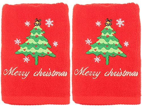 FRCOLOR Weihnachtshandtücher 2er Satz Baumwolle Stickerei Dekorative Gästehandtücher Rot Saugfähig Weihnachtsmotiv Handtücher für Badezimmer Küche Festliche Reinigungstücher Geschenkidee