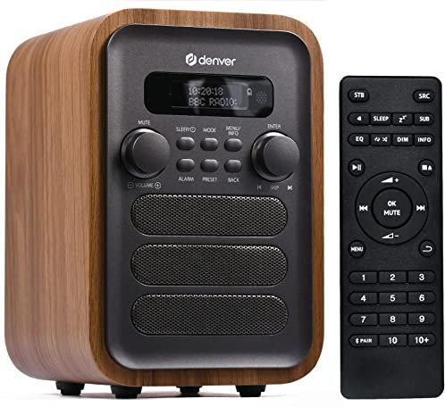 Denver DAB-48 Bluetooth DAB Radio With Remote Control - DAB/DAB+ Digital Radio Mains Powered – DAB Bluetooth Radio Speaker – DAB Alarm Clock – Grey With Large Remote Control