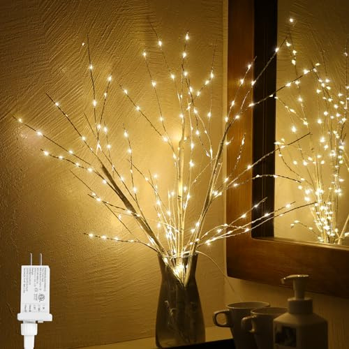 Beleuchtete Birkenzweige 3 Stück, 86,4 cm, 180 LEDs, weiß beleuchtete Zweige und Zweige für Vasen mit Timer, Baumzweige zur Dekoration, zum Einstecken, Vase nicht enthalten