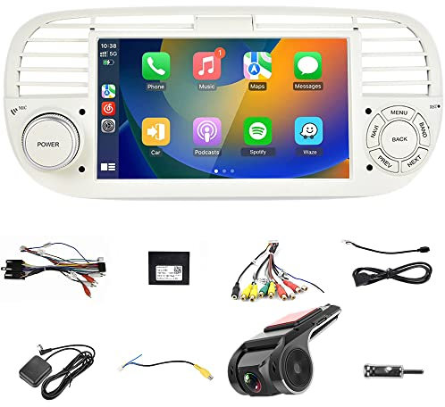 Wireless Carplayer Android Auto Android 9 Auto Stereo Compatible for Fiat 500 2007-2015 Radio con Pantalla táctil de 7 con DVR, GPS Sat Nav, WiFi, SWC, BT, FM RDS, Mirror Link, Canbus[1+32G]
