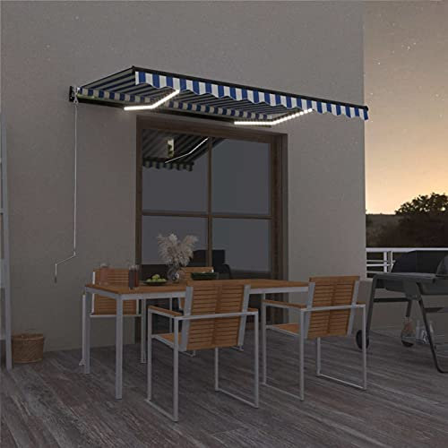 Yolola Marca con braccio snodato con tenda a LED, retrattile, funzionamento a mano, tenda da balcone, 350 x 250 cm, protezione solare, terrazza, funzionamento a manovella, blu e bianco