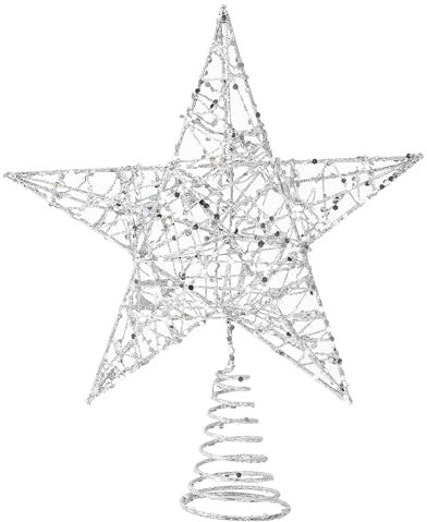 VEYLIN Christmas Tree Topper, Silver Glittered Hollow Christmas Tree Topper Star for Christmas Tree Ornament(Silver)