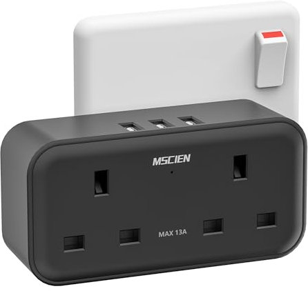 Double Plug Adaptor, Mscien Plug Adapter with 3 USB, 2 Way Plug Extension with Dual 2 Pin Socket at The Bottom, 13A UK Multiplug Extender, Wall Charger Power Socket for Home Kitchen Office, Black
