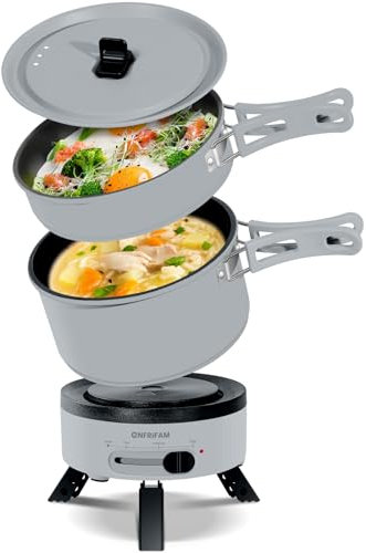ENFRIFAM Elektrischer Hot Pot Topf, Tragbar Kochtopf Set mit töpfe und Bratpfanne mit Klappgriff für Wohnmobil, Wohnheim, Büro, Outdoor, Camping, 1,8 L Suppentopf + 0,75 L Bratpfanne