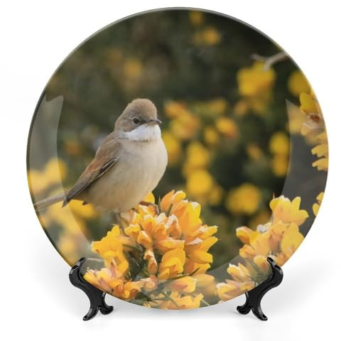 Bird Whitethroat Flowers Decorative Plate for Wall Ceramic Home Wobble-Plate with Display Stand Table Decor Ornament Dinner Plate Dessert Dish Holiday Home Decoration 10
