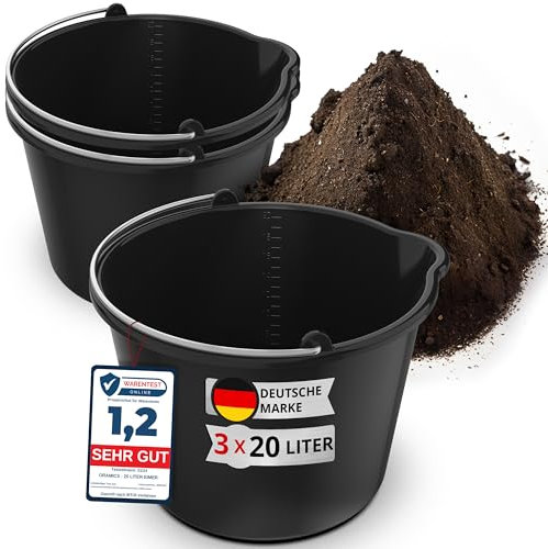 3X Oramics 20L Eimer mit Ausguss Tülle – Baueimer Kübel für Zement und Mörtel – Stabiler Wassereimer mit Skala für Haushalt, Garten, Baustellen und Landwirtschaft (3X 20 Liter Mörteleimer)