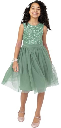 Maya Deluxe Midi Dress for Girls Sequins Embellished Party Tutu Bridesmaids Wedding with Belt Bow, Robe Fille, Deep Mint,