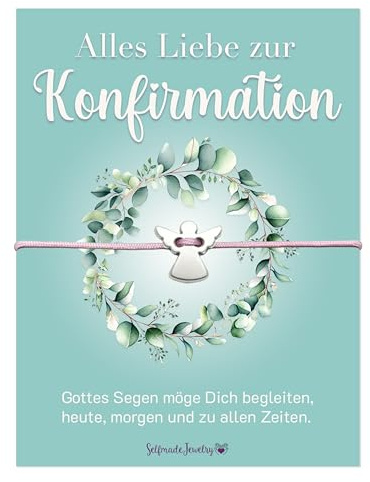 Selfmade Jewelry Armband auf Konfirmationskarte als Konfirmation Geschenk Mädchen - handgemacht in Deutschland (Engel Silber - Rosa)