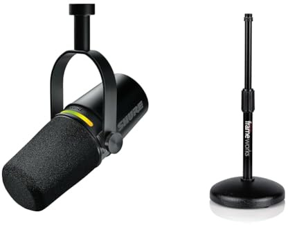 Shure MV7+ Podcast Microphone. Enhanced Audio, LED Touch Panel, USB-C & XLR Outputs, Auto Level Mode & Gator Frameworks Desktop Microphone Stand with Round Weighted Base & Adjustable Height