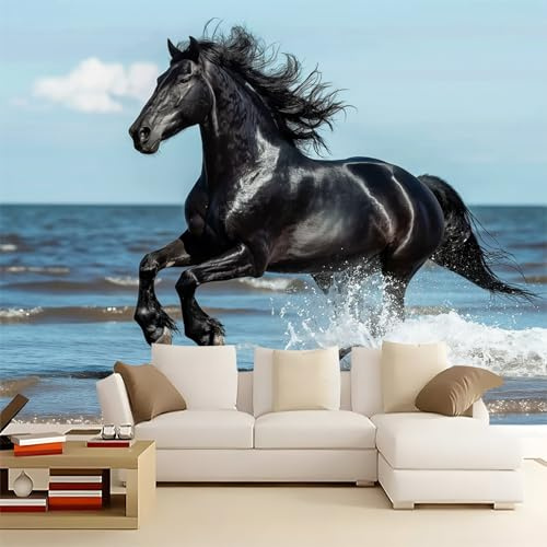 Tapete Fototapete 3d Effekt Tierisches Schwarzes Friesisches Pferd 200x140cm Wandbild Wanddeko für Wohnzimmer Schlafzimmer, Multi Vlies Tapeten mit Geruchsfreiheit Wandposter Wandkunst