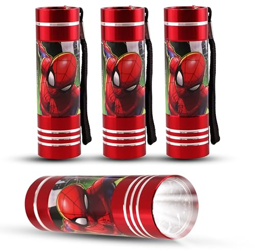 SRV Hub Lot de 4 lampes de poche LED Spiderman étanches pour enfants – 9 LED ultra lumineuses avec poignée antidérapante, torche légère en aluminium pour l'extérieur et les loisirs pour garçons