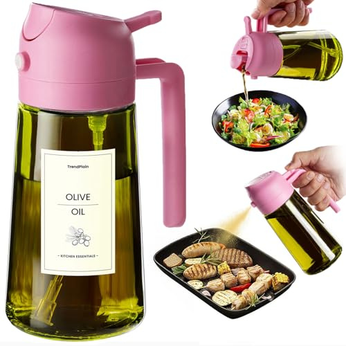 TrendPlain 470ml Olive Oil Spray Bottle - 2 in 1 Olive Oil Dispenser Bottle for Kitchen Accessories - Kitchen Gadgets, For Air Fryer - with Stickers, Light Blocking - Bubblegum