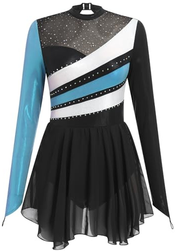 ODASDO Ice Skating Dress for Women Long Sleeve Figure Skating Costume Rhythmic Gymnastics Leotard Dresses Sparkly Rhinestone Colorful Block Chiffon Practice Competition Ballet Dancewear Blue S