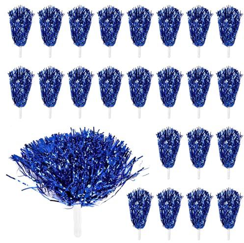 omolly 24Pcs Blue Cheerleading Pom Poms, Metallic Foil Cheerleading Pom Poms with Plastic Handle, Blue Cheerleading Dancing Pompoms for Sports Matches, Stage Performance, Holiday Celebrate