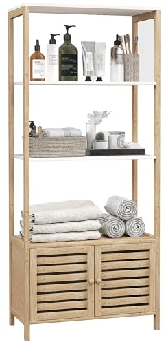 HOMCOM Meuble de Salle de Bain avec 3 étagères Armoire de Rangement Haute en Bambou 1 Placard avec Portes à Lattes Base surélevée 63 x 30 x 138 cm Bois Naturel et Blanc