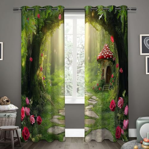 TDNEKMCA Thermovorhang Kälteschutz Gardinen mit Ösen H245 x B140 cm Blickdichte Vorhänge Schlafzimmer Blackout Curtain Verdunkelung Wärmeisolierend, Wald- Pilzhaus 2er Set