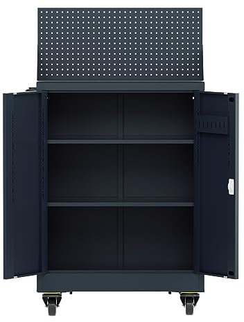 Armoire de rangement en métal avec roulettes verrouillable avec portes, idéale pour garage, sous-sol, salle de rangement ou garage (gris foncé)