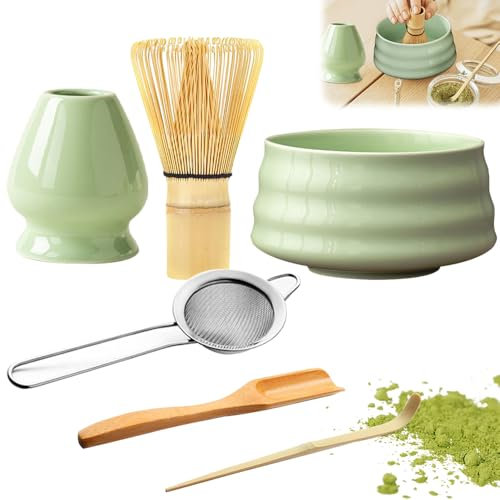 WDKXCN Juego de batidor de matcha, juego de té matcha, juego de batidor y cuenco, cuchara, cuchara, tamizador, soporte para batidor de matcha, kit de matcha para ceremonia de té matcha (verde A)