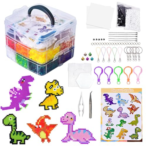 VerLuky 5mm Bügelperlen Dinosaurier Set, 10000 Stück 24 Farben, Dreilagige Aufbewahrungsbox, Bügelperlen Platten und 5 Bügelpapier, DIY Bastelideen für Kinder