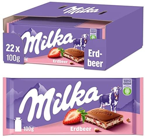 Milka Tabletas de Chocolate con Leche y Fresa, Paquete de 22 Unidades, 100g por Tableta