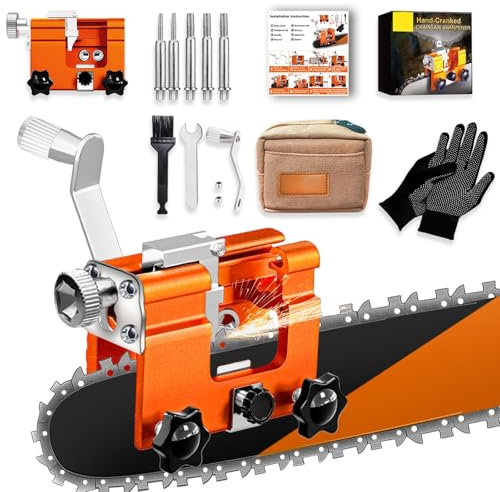 Kettensäge Schärfgerät, Tragbar Handkurbeln Kettensägenschärfer Kit mit 5 Schleifköpfen, Motorsägenketten Schärfgerät, Zahnschärfer, Sägeketten Schärfgerät für alle Arten von Kettensägen