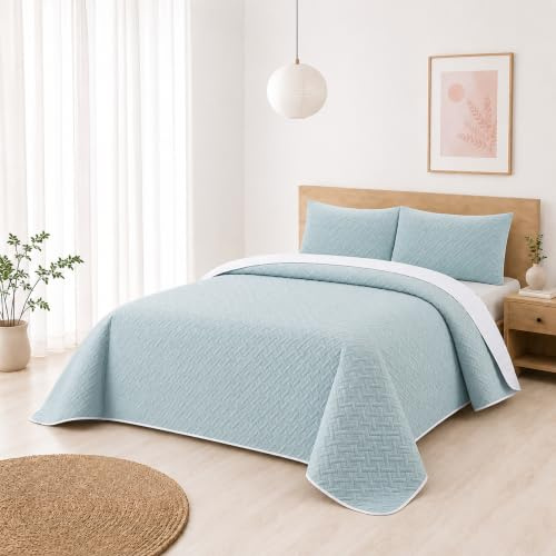 BESCH Colcha Boutis para Primavera y Verano con Relieve Trenzado de Color Azul Claro + 2 Funda Cojin 50x70 cm - Cubrecama Ligera Fina Entretiempo Extra Suave y Transpirable (Cama 135, 220x260cm)
