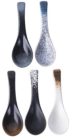 Mikinona Cucharas Soperas Japonesas De Cerámica 13 Cm Multicolor, Cuchara De Arroz y Gachas, Ligera y Portátil Para Cocina y Picnic, Juego De 5 Piezas