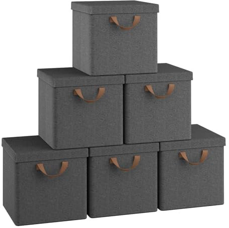 WOLTU Faltbare Aufbewahrungsboxen 6 Stück, Stoffboxen mit Deckel und Metallrahmen, Aufbewahrungswürfel für Arbeitszimmer, Wohnzimmer, Schlafzimmer, Mehrzweck, Grau, 33x33x31,5cm