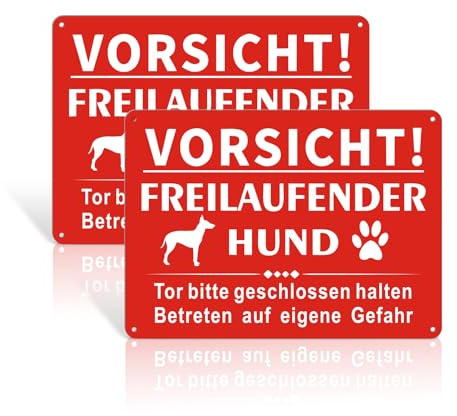 2 Stück Vorsicht Hund Schild, 25 x 18cm Freilaufender Hund Schild Metall Alu,Reflektierendes Aluminium Warnung vor dem Hund Schilder Wetterfest – Für Innen- und Außenbereich,Rot
