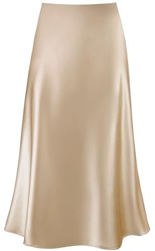 Modegal Women's Satin High Waist Hidden Elasticized Waistband Flared Casual A Line Midi Skirt (Solid Champagne, Medium)