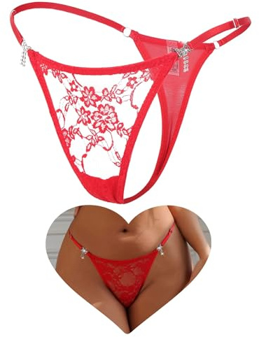 ohyeahlady Women G-Strings Thongs Cotton Crotch Tangas Briefs Sexy Micro Thongs Plus Size Lace Floral Knickers Soft Hipster Panties Red S