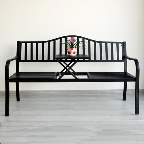 Gartenbank Metall Wetterfest Modern Rostfrei Parkbank Kann Liegen Oder Sitzen Balkonbank mit Frei Anhebbarem Kleinen Tisch Tragfähigkeit 400 Kg für Balkon, Terrasse, Garten(Black)