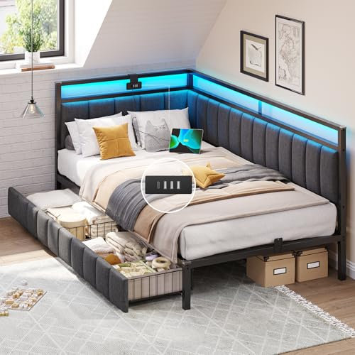 DICTAC - Sofá Cama 90 x 200 con iluminación LED y Toma USB, Marco de Camas 90 x 200 con somier de láminas de Metal, con 2 cajones de Almacenamiento, Gris Oscuro sin