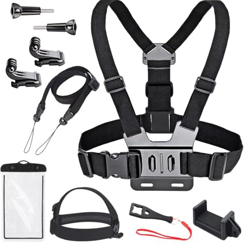 Phone Chest Mount Harness Kit with Head Strap – Adjustable Hands-Free Filming Holder with Phone Clip, J-Hooks and Waterproof Pouch – Ideal for Sports, Biking and Vlogging (Black)