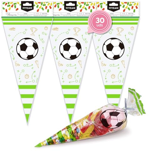 OH YEAH - 30 Bolsas para Chuches Fútbol - 18 x 37 cm - Biodegradables y Reciclables - Cumpleaños, Fiestas Temáticas Fútbol, Galletas y Regalos - INCLUYE CIERRE