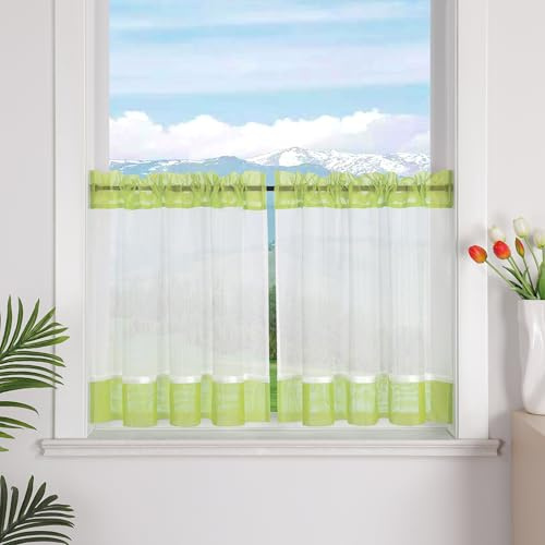 Delien Leinenoptik Scheibengardinen mit Kräuselband und Tunnelzug Halbtransparente Bistrogardinen für Küchenfenster Landhaus Kurzstores 1 Stück,Grün,BxH 120x45cm