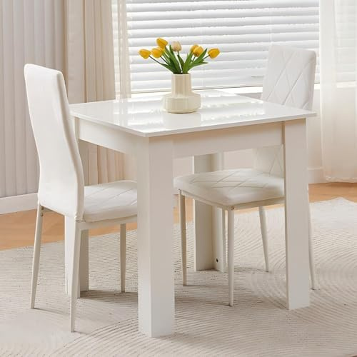 Homullel 75x75 cm Kleiner Esstisch mit 2 Stühlen Esszimmer Set für 2 Personen Kleiner Essgruppe für Küche, Esszimmer, Platzsparend (Flanell Weiß #2, Weißer Tisch mit 2 Sitzen)