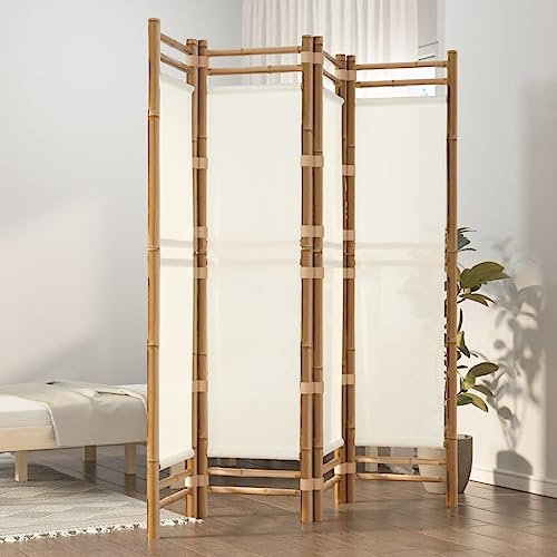 Qnhdfrt Divisorio Pieghevole Paravento in Bambù e Tela 160x180 cm Bianco Panna 4 Pannelli per Paravento Balcone Terrazza Giardino